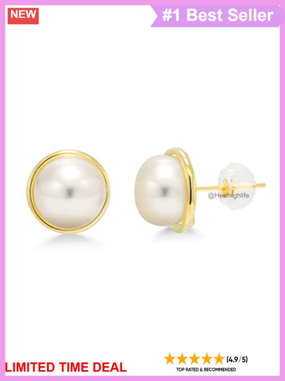 14K Yellow Gold Cultured Freshwater Pearl Stud Earrings 8mm Button Shape